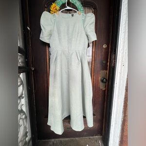 Green Shien Modely Puff Sleeves w Sheer Panel Gold Buttons Shoulder Modest Dress